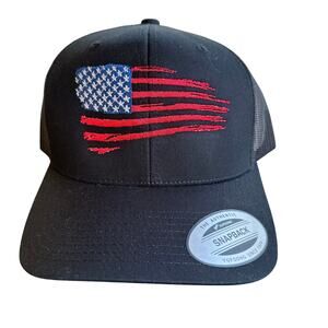 American Flag Patriotic Snap Back Hat Flat Bill Yupoong 5 Trucker Mesh Cap Dad